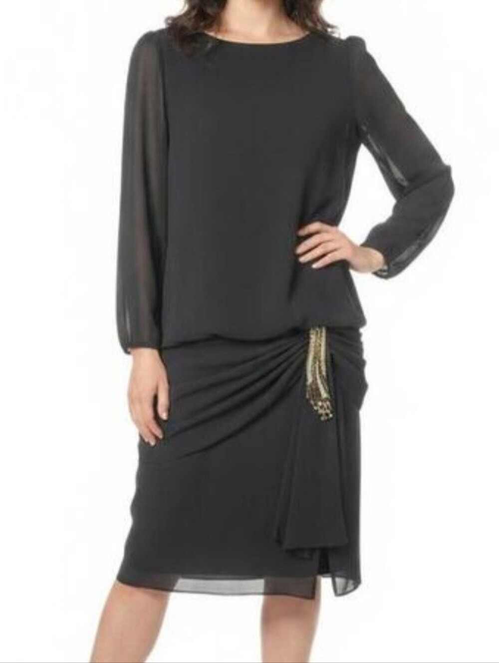 Vintage Ursula Black Long Sleeve Dress Sz 6 Beaded Detail Sheer Overlay Lined